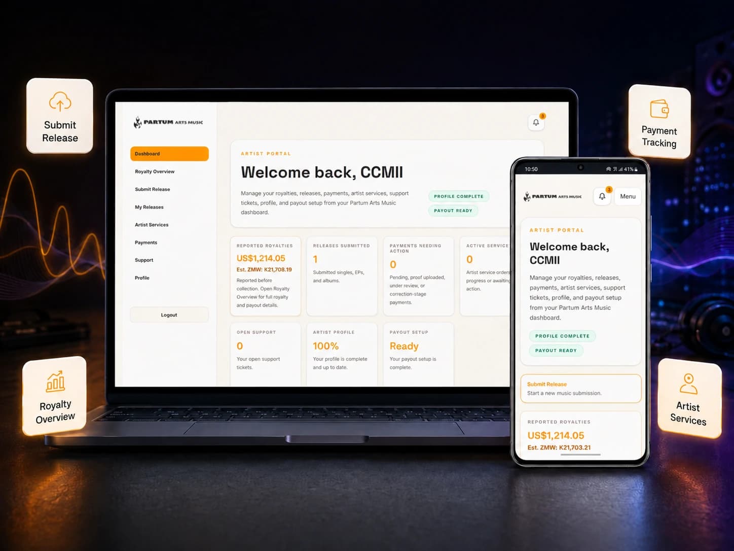 Partum Arts Music artist portal mobile dashboard mockup