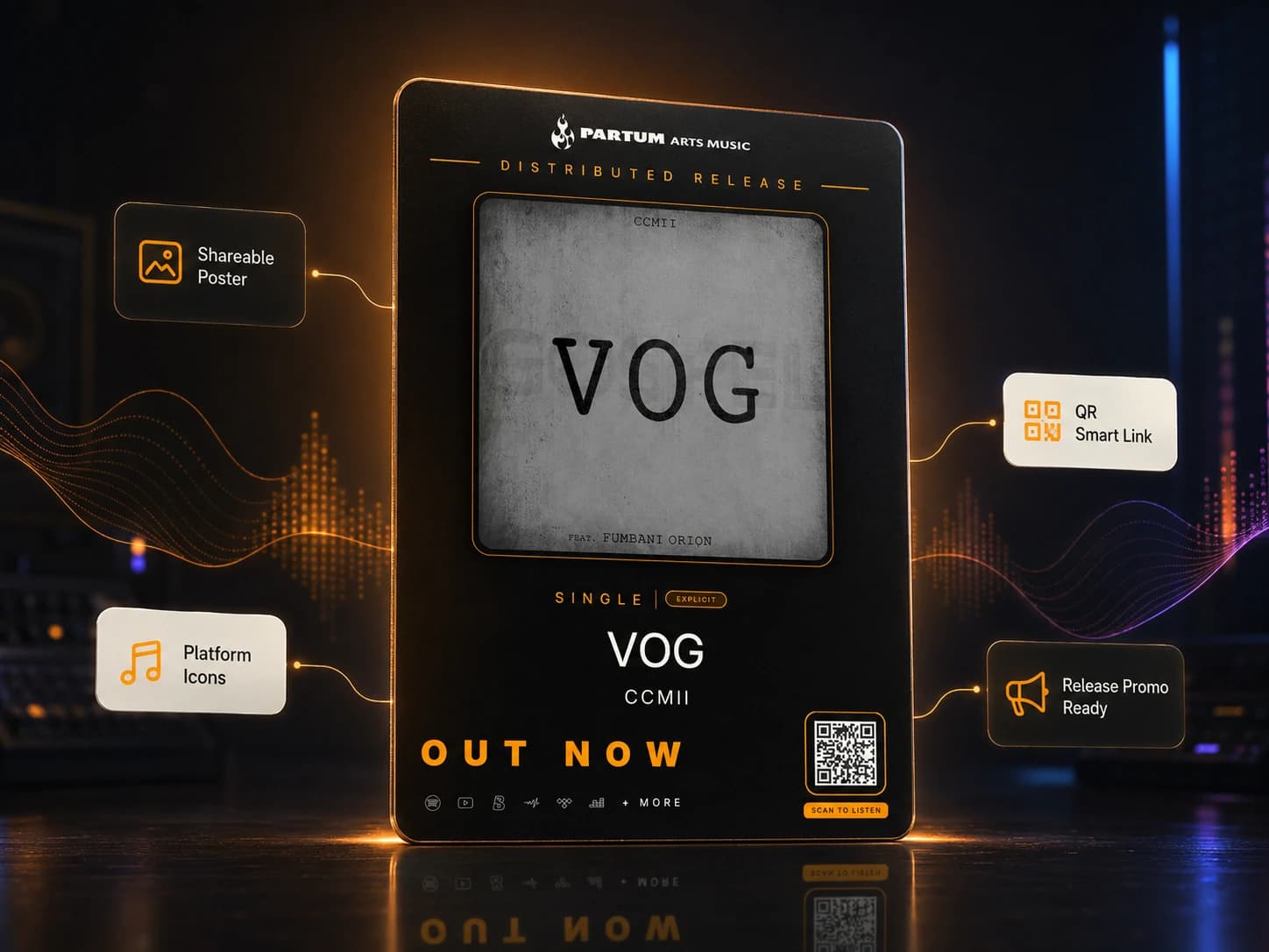 Out Now poster mockup with release artwork and QR code
